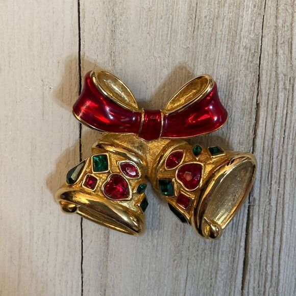 Vintage Holiday Christmas Enamel and Rhinestone Bell Brooch Pin Red Green - Picture 1 of 9